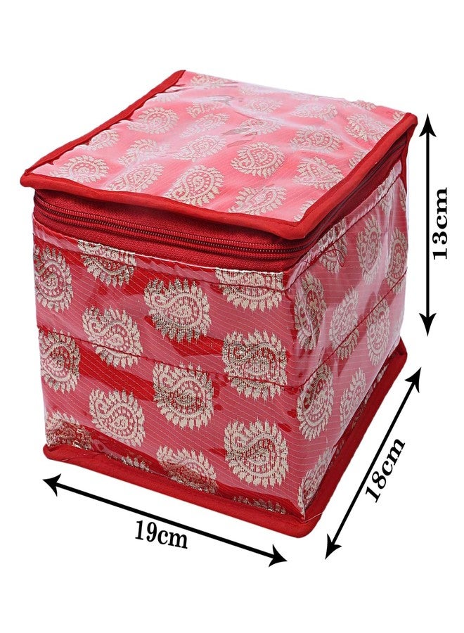STACKRAID Brocade Jewellery Organizer With 10 Transparent Pouch, Vanity Box Size 19 x 18 x 13, Pack of 1 (Red) - Image 3